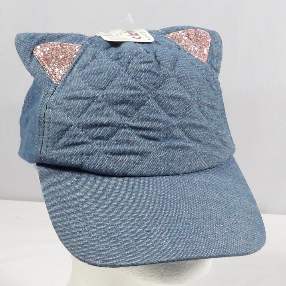 Claire's Girls Size Denim Baseball Hat with Pink Glitter Kitten Ears NWT